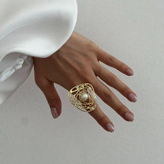 Filigree Pearl 18K Gold Plated Anti Tarnish Free Size Ring For Women