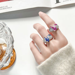 Silver Green Blue Pink Border Cubic Zirconia Adjustable Ring For Women