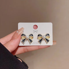 Black Bow Knot Gold Plated Rhinestone Pearl Stud Earrings For Women
