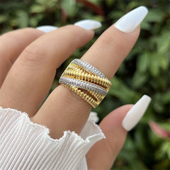 Designer Dual Tone Gold Silver Multi Layer CZ Copper Adjustable Ring