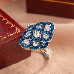 Designer Blue Floral Silver Plated CZ Copper Anti Tarnish Cocktail Ring