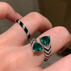 Drop Emerald Green Solitaire Black CZ Silver Anti Tarnish Ring