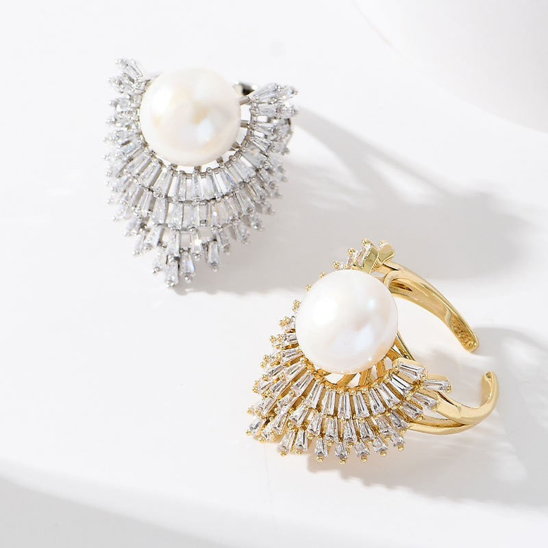 Baguette Crown Pearl White 18K Gold Silver Cubic Zirconia Adjustable Ring For Women