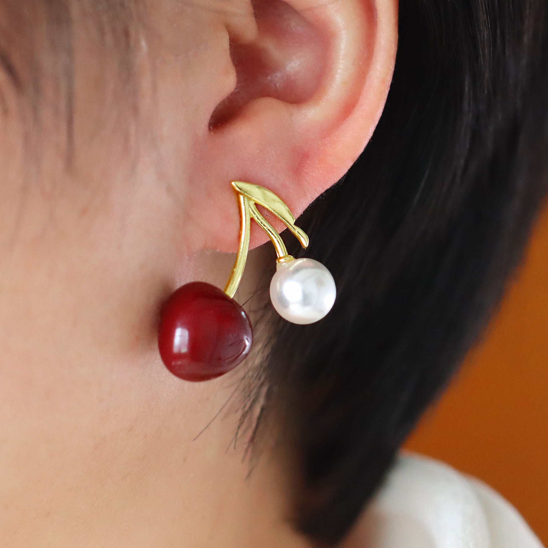 White Red Cherry Gold Pearl Copper Dangler Earrings For Women