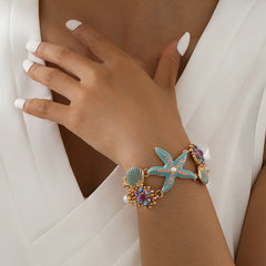 Star Fish Shell Flower Anchor CZ Enamel Blue White Bracelet