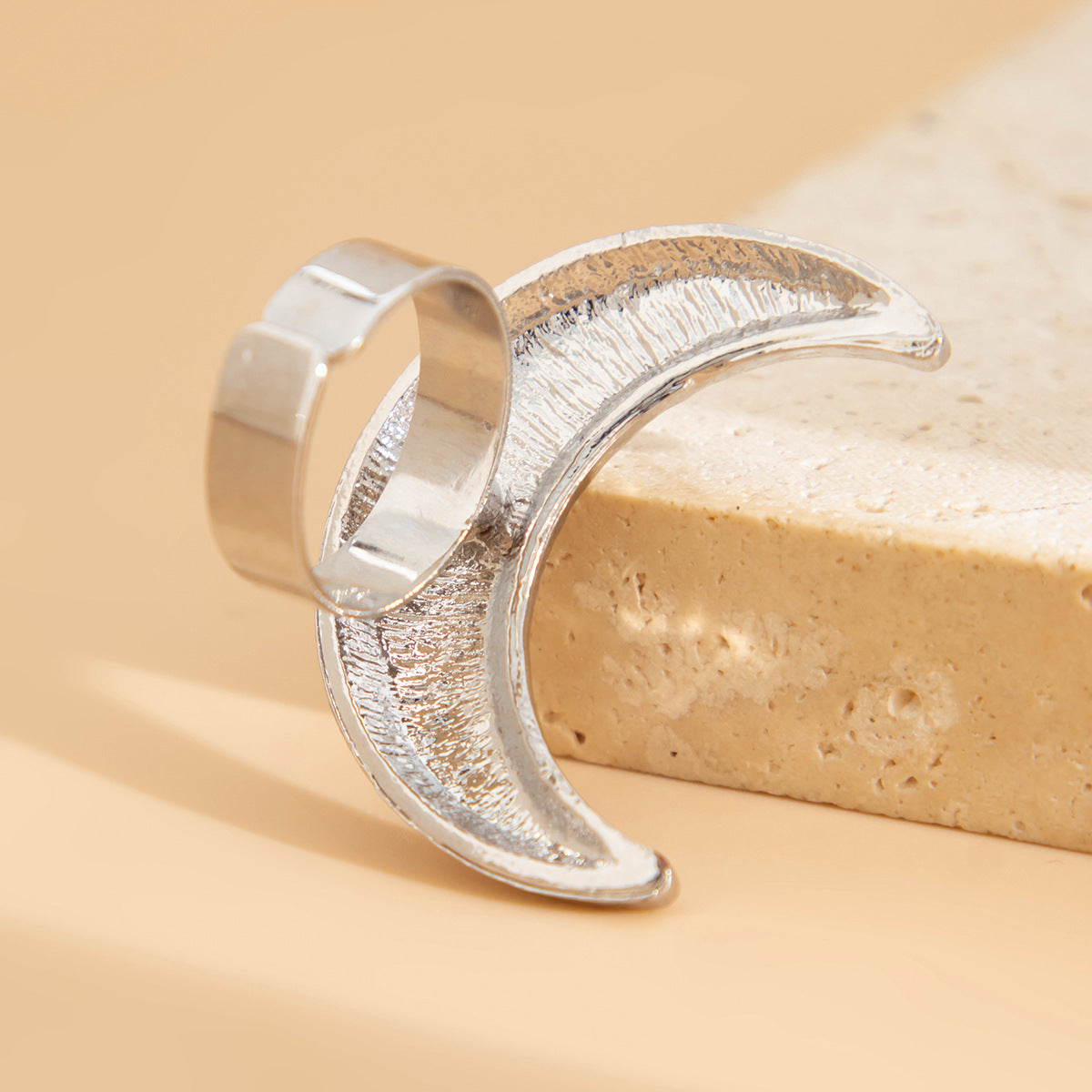 Beaten Finish Crescent Moon 18K Gold Free Size Ring For Women