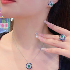 Sunflower Blue Green Gemstone Silver Cubic Zirconia Necklace Earring Ring Set For Women