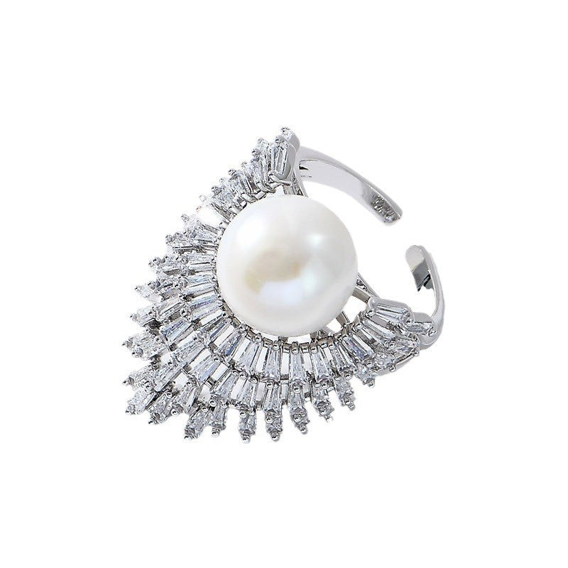 Baguette Crown Pearl White Gold Silver CZ Anti Tarnish Ring