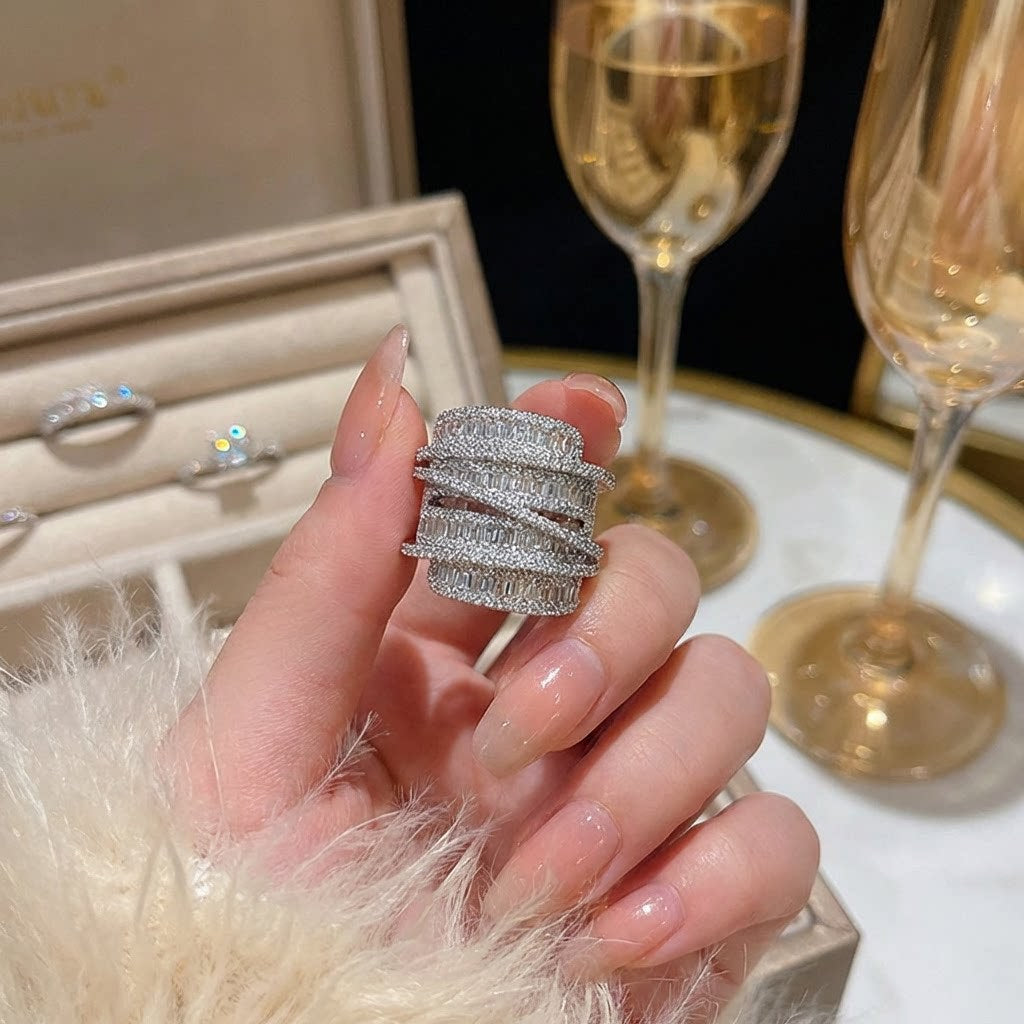 Multi Layer Baguette Silver Plated CZ Copper Adjustable Cocktail Ring
