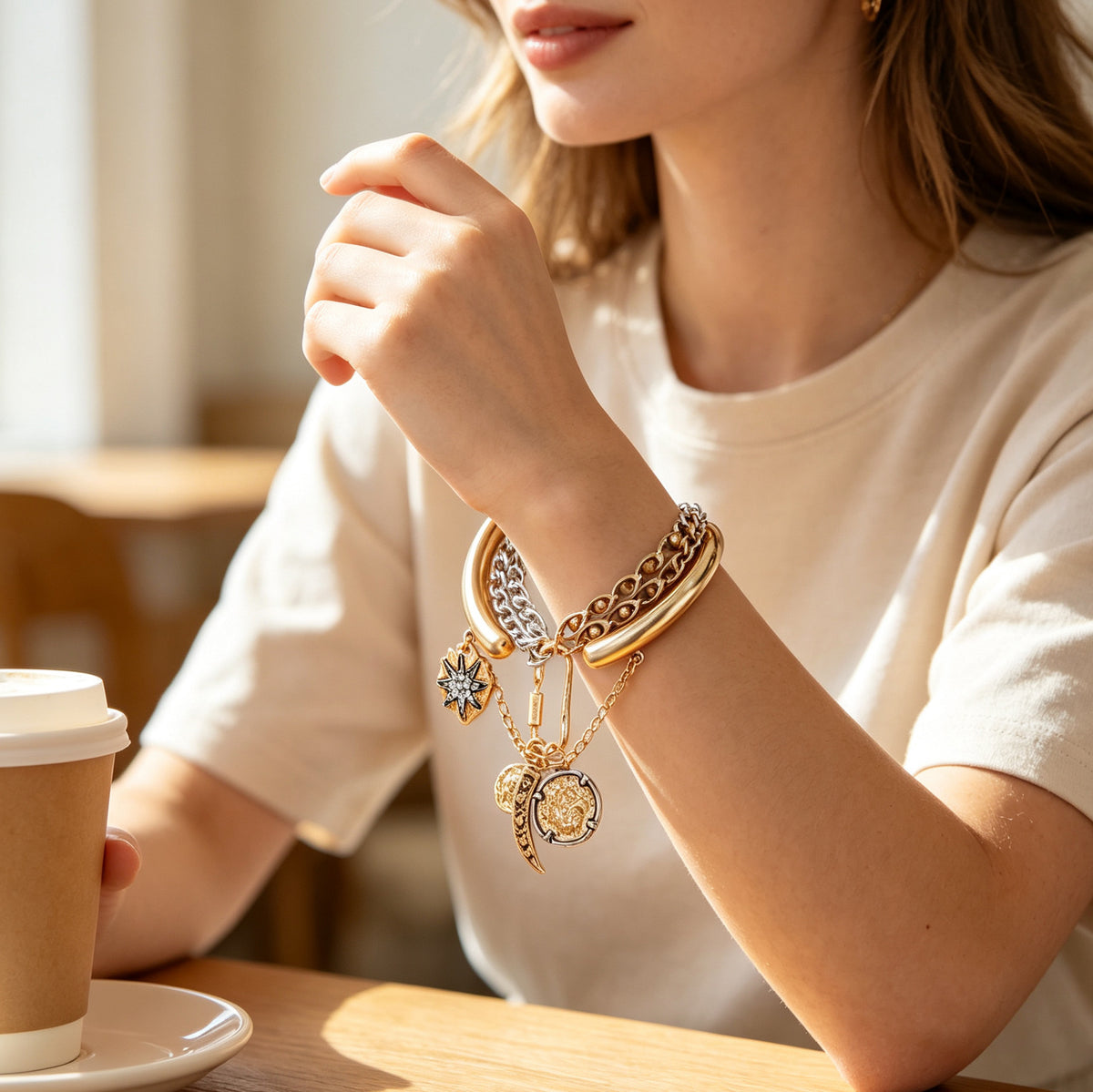 Designer Dual Tone Charm Gold Silver Plated Beads Bracelet For Women