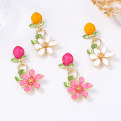 Orange Pink  Flower Gold Plated Enamel Dangler Earrings For Women