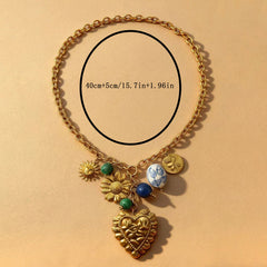 Blue Green Heart Beads Flower Sun Gold Alloy Necklace For Women