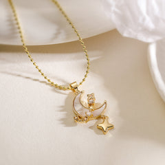 White Celestial Moon Star Gold Mother Of Pearl Copper Pendant Chain Women
