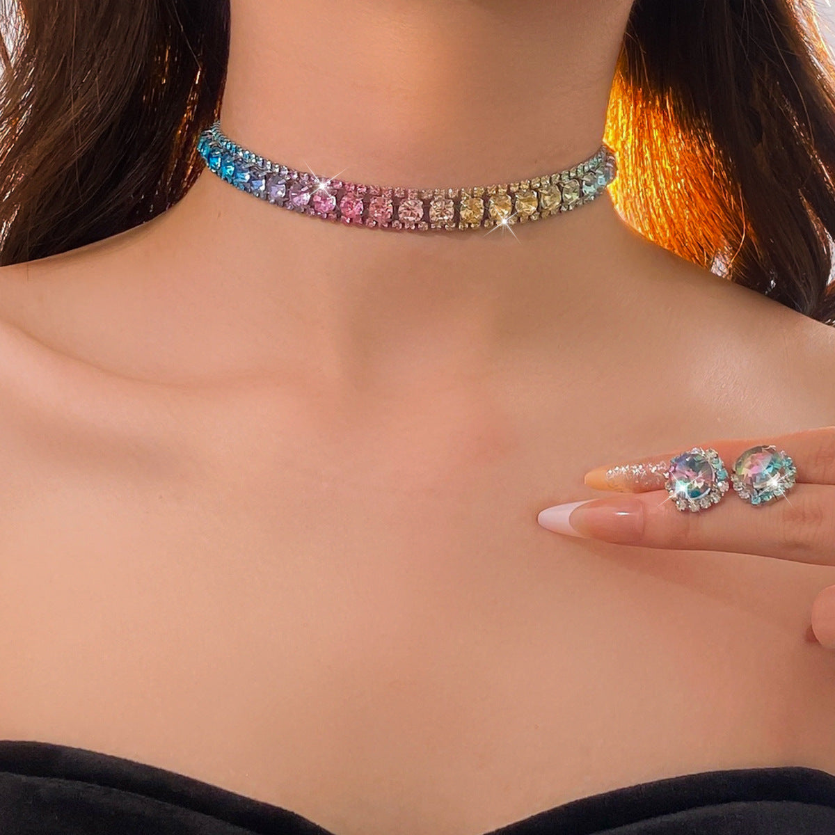Multi Color Choker Tennis Silver Rhinestone Necklace Earring Set Women
