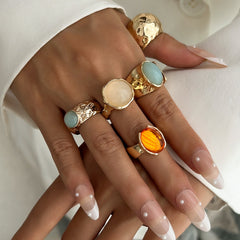 Beaten Finish Green Orange Gemstone 18K Gold Free Size Ring Combo Pack Of 5 For Women