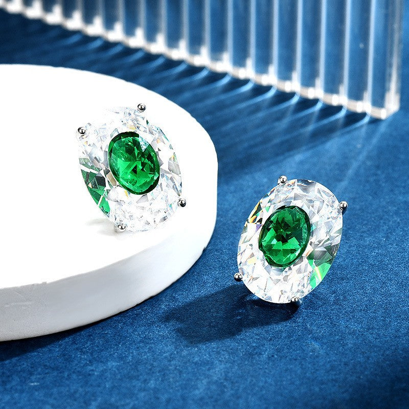 Luxury Emerald Green Oval CZ Silver Copper Stud Earrings For Women