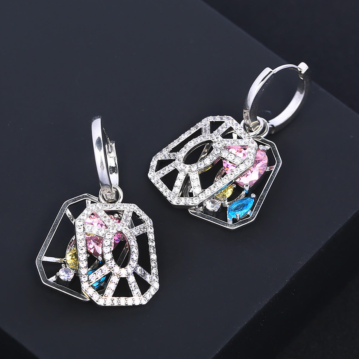 Trendy Openwork Hexagon Silver CZ Anti Tarnish Copper Hoop Earrings