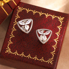 Silver Triangle Floral Cubic Zirconia Copper Stud Earrings For Women