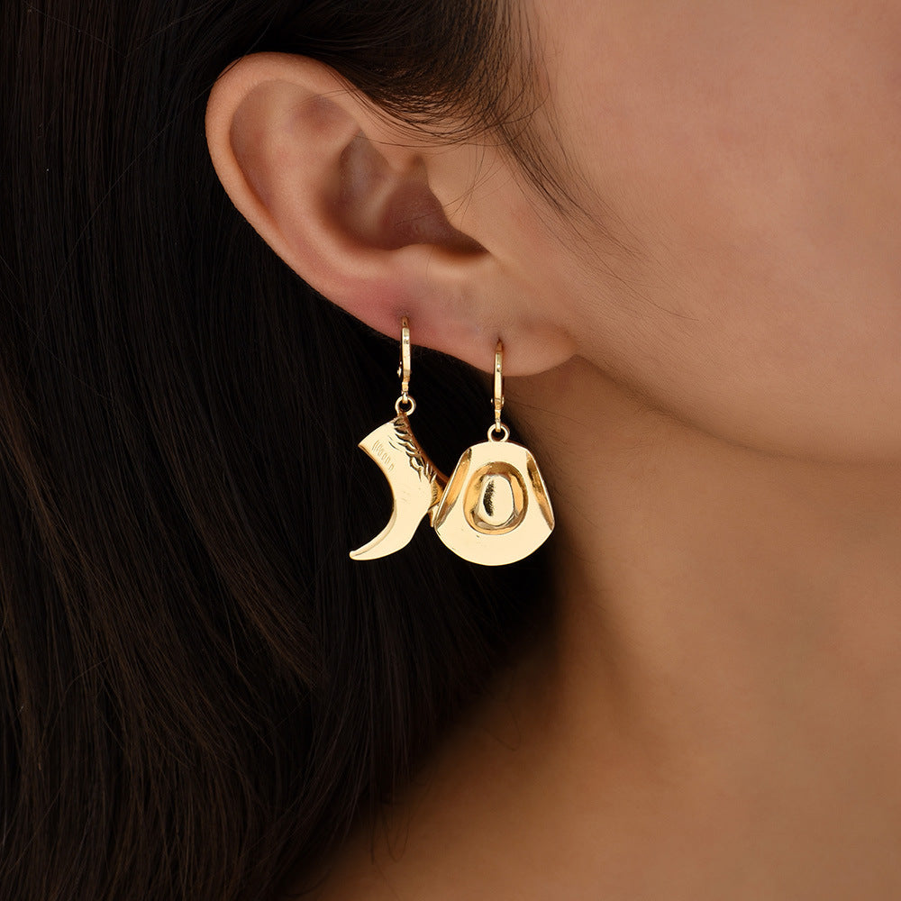 Trendy Western Boot & Hat Design Gold Plated Plain Alloy Hoop Earrings