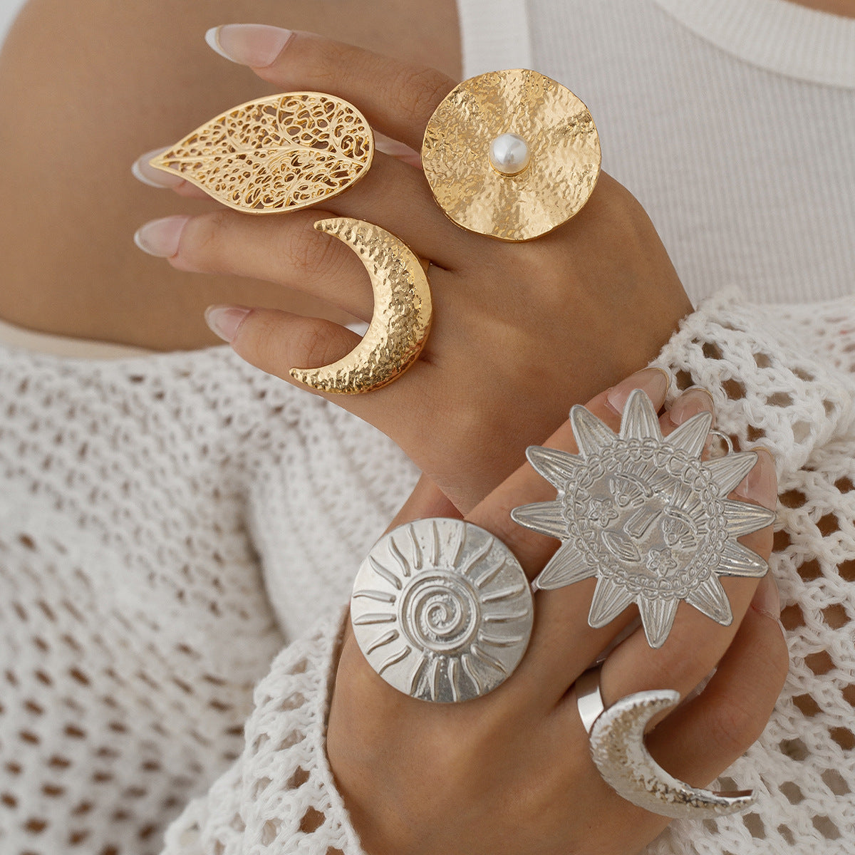 Beaten Finish Crescent Moon 18K Gold Free Size Ring For Women