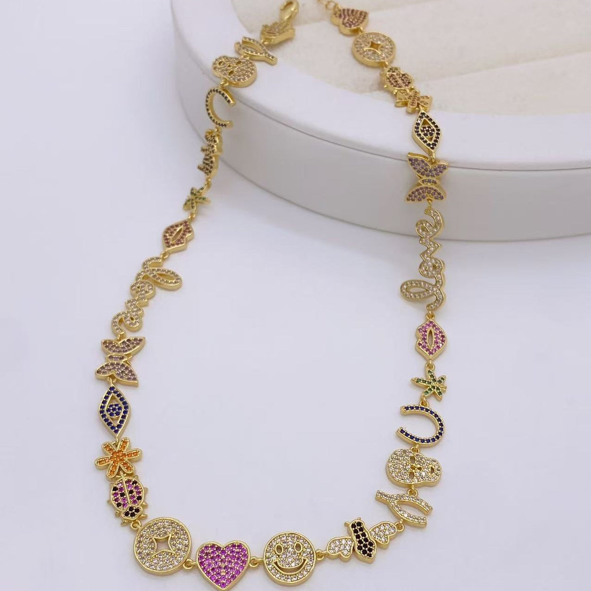 Heart Evil Eye Horse Shoe 18K Gold CZ Charm Necklace Chain