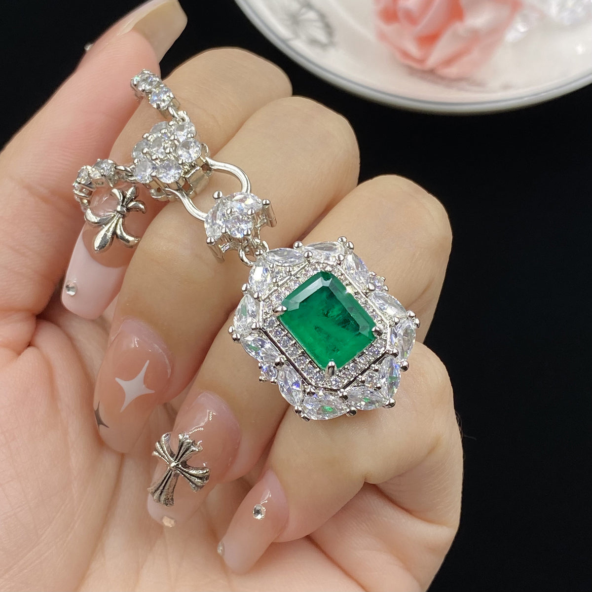 Luxury Emerald Green CZ Silver Anti Tarnish Copper Necklace Combo Set