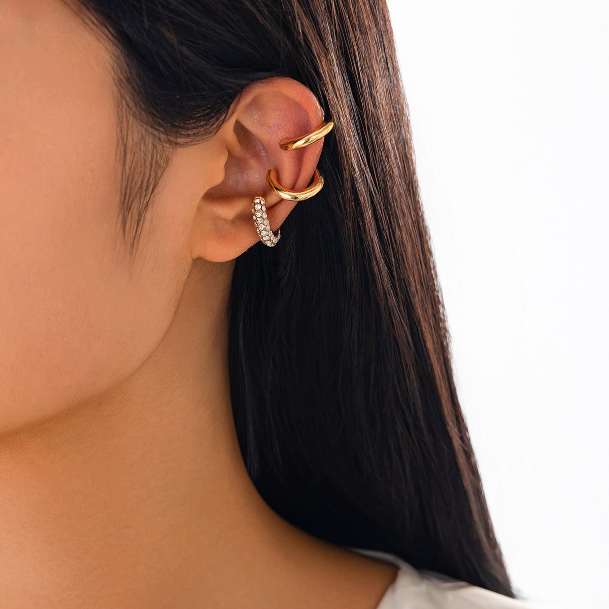 Studded 18K Gold Rhinestone Ear Cuff Earring Combo Pack Of 3 For Women