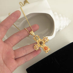 Designer Multi Color Stone Cross Pendant Gold Plated CZ Copper Necklace