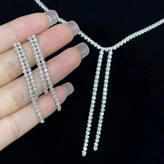 Long Silver Solitaire Cubic Zirconia Anti Tarnish Y Necklace Earring For Women