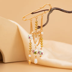 Vintage Safety Pin & Ceramic Charm Gold Beads Alloy Brooch For Women