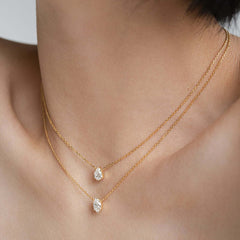 Oval Drop Solitaire 18K Gold Plated Cubic Zirconia Anti Tarnish Dual Layer Chain Necklace For Women