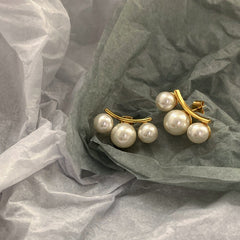 White Modern Arc Style Gold Pearl Anti Tarnish Copper Stud Earrings
