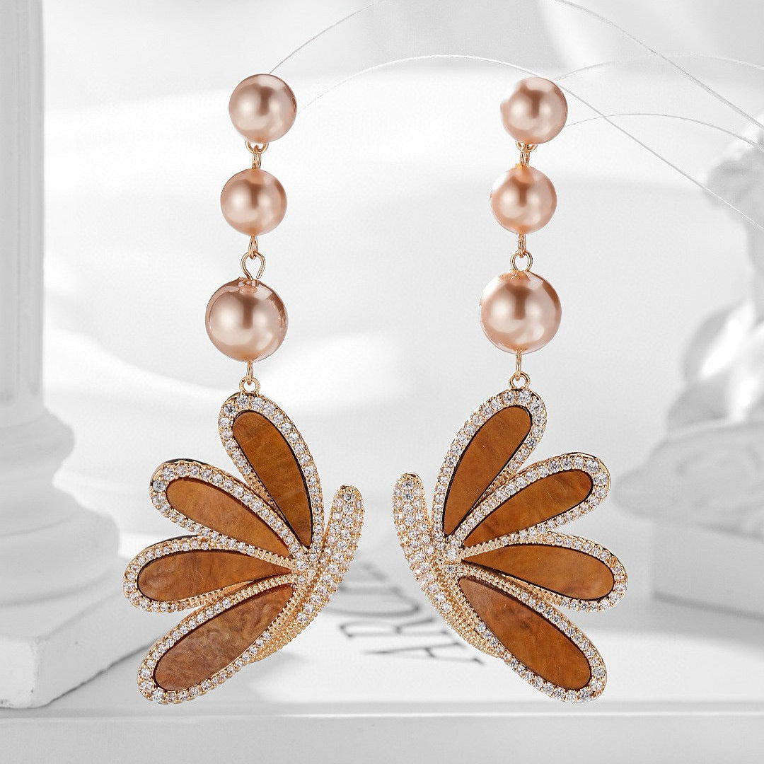 Butterfly 18K Gold Brown Pearl Cubic Zirconia Dangler Earring For Women