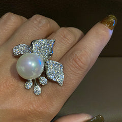 Bow Flower Silver CZ Pearl Copper Adjustable Cocktail Ring