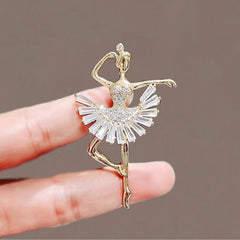 Gold Dancing Ballerina Cubic Zirconia Copper Brooch For Women