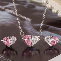 Heart Cut Pink & White Gold Silver Plated CZ Copper Necklace Earring Set
