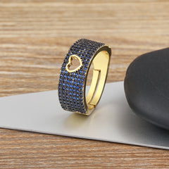 Designer Heart Pave Wide Band Gold CZ Copper Adjustable Fancy Ring
