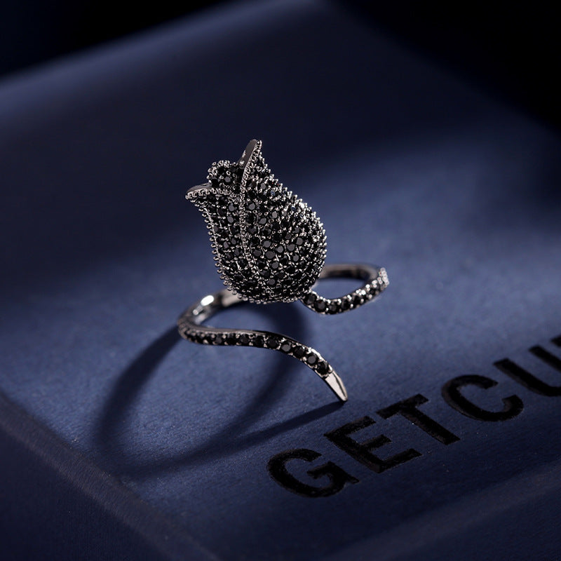 Tulip 18K Gold Plated Blue White Black Purple Sparkling Pave Crystals Anti Tarnished Free Size Ring For Women