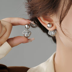 Designer Double Pearl Silver Plated CZ Anti Tarnish Copper Stud Earrings