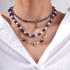 Pearl Star Blue Beads Charm Necklace Pendant Chain For Women
