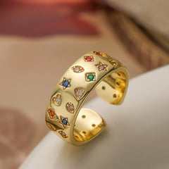 Rainbow 18K Gold Cubic Zirconia Anti Tarnish Free Size Band Ring For Women