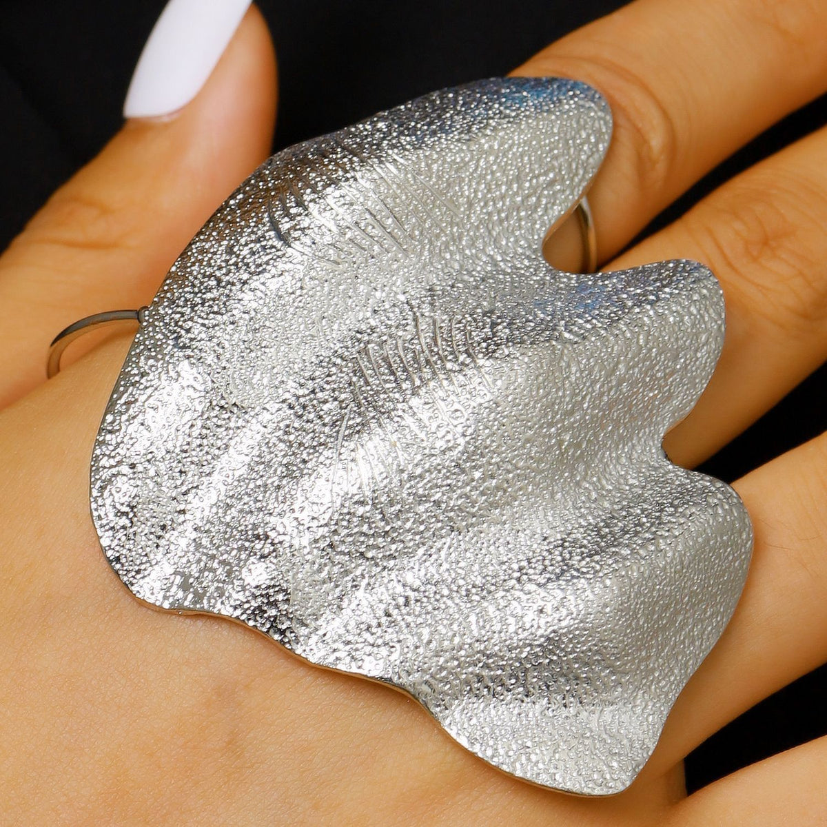 Designer Textured Silver Plated Statement Open Cuff Ring For Women