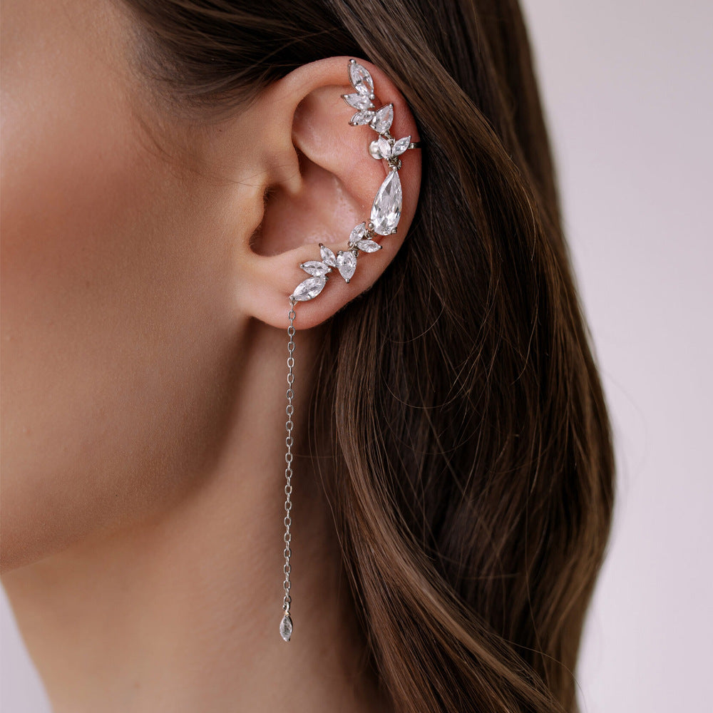 Leaf Rhinestone Dangling Chain Silver Clip On Ear Cuff Earring For Women