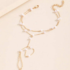 Minimal Hand Chain with Ring Gold Plated Pearl Bracelet For Women