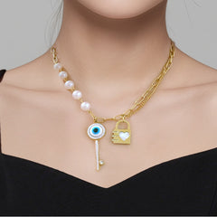 Heart Key Lock Evil Eye Pearl 18K Gold Stainless Steel Necklace Chain For Women