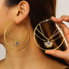 Designer Evil Eye Sunburst Gold Plated CZ Chain Copper Hoop Earrings