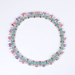 Luxury Silver Tone Pink Purple White CZ Copper Necklace Earring Set