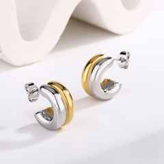 Glossy Classic Stainless Steel Anti Tarnish 18K Gold Silver Hoop Stud Earring Women