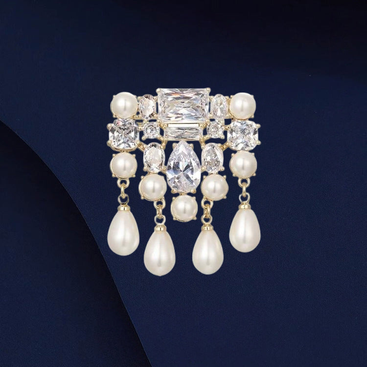 Designer CZ & Pearl Gold Plated Rhinestone Copper Anti Tarnish Brooch