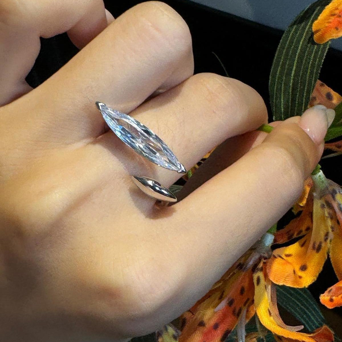 Oval Solitaire Dual Cubic Zirconia Silver Adjustable Ring For Women